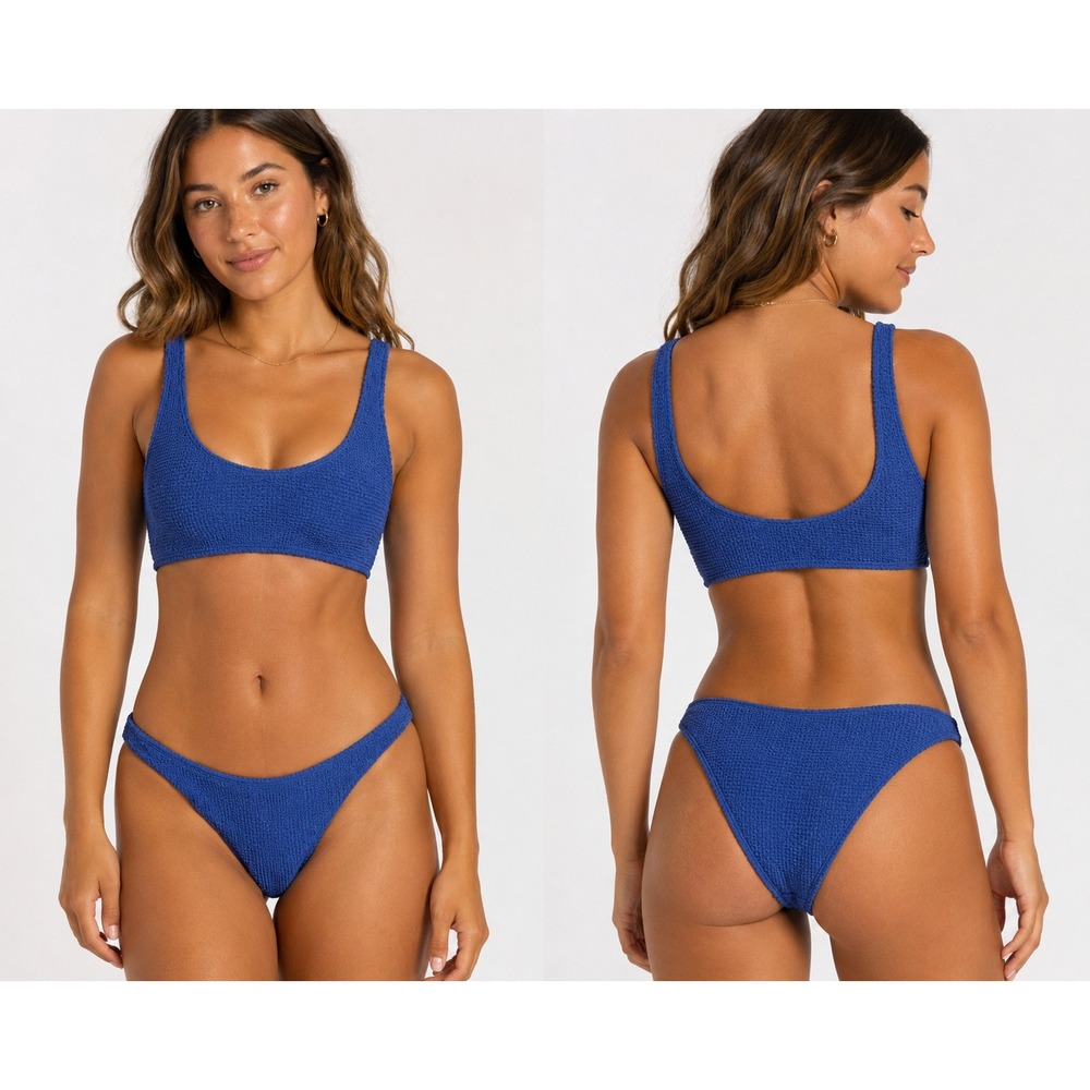 Billabong Crinkle Bikini Set Cobalt Blue Scoop Neck Two Piece Swimsuit - Picture 1 of 7